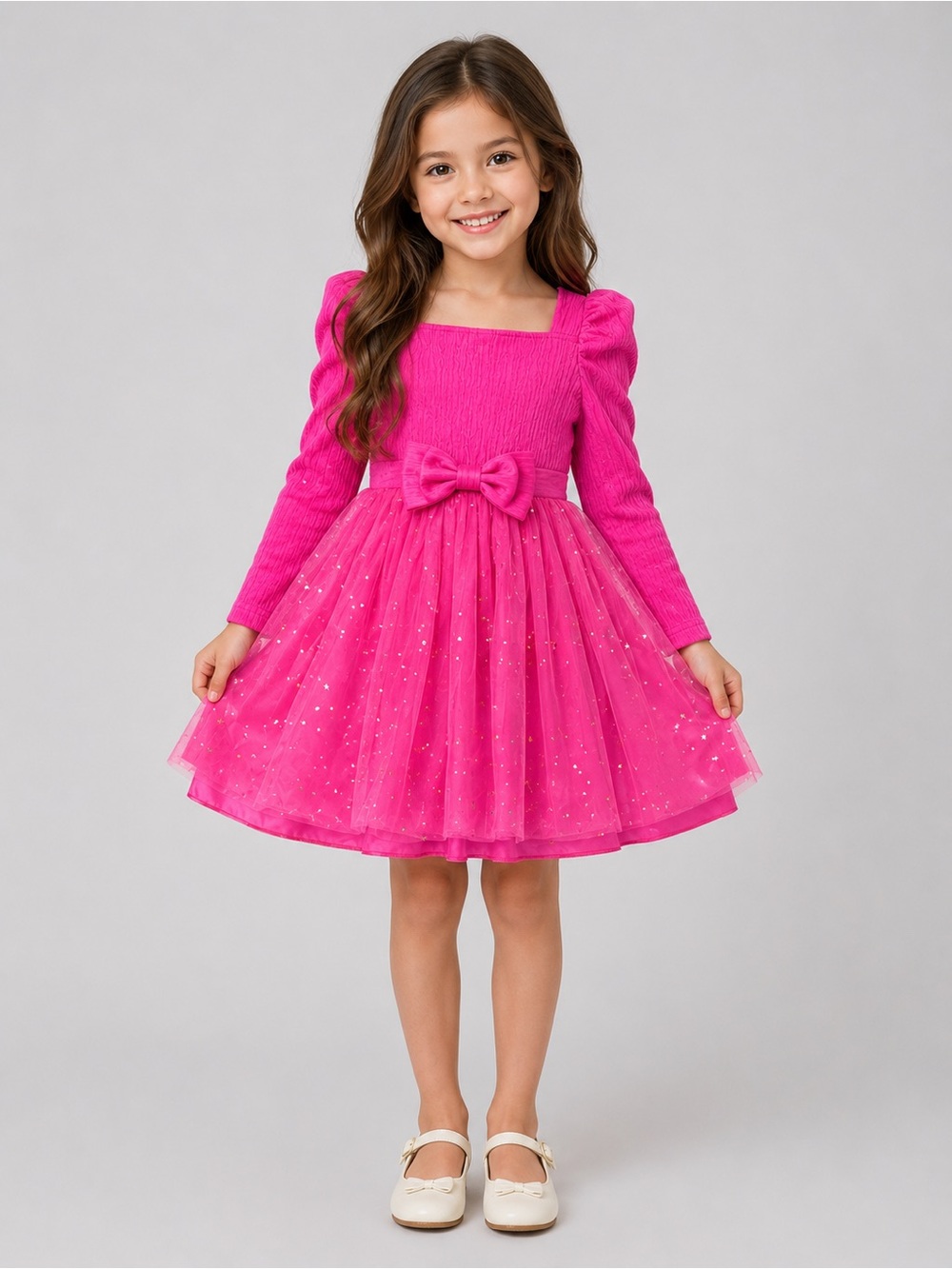 SHEIN Hot Pink Long-Sleeve Tulle Party Dress with Bow Size 6years Kids Girls